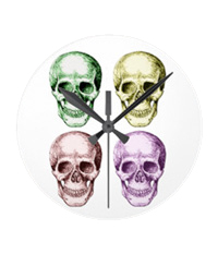 The human skull singularly and in groups, in various colors and arrangements. Clocks.