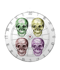Details of the human skull singularly and in groups, in various colors and arrangements. Dart boards