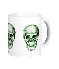 Details of the human skull singularly and in groups, in various colors and arrangements. Mugs and other drinkware.