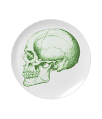Details of the human skull singularly and in groups, in various colors and arrangements. Melamine plates