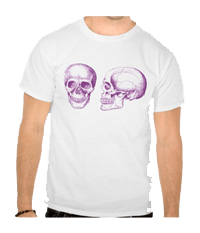 Details of the human skull singularly and in groups, in various colors and arrangements. Men's t-shirts