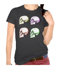 Details of the human skull singularly and in groups, in various colors and arrangements. Women's t-shirts.